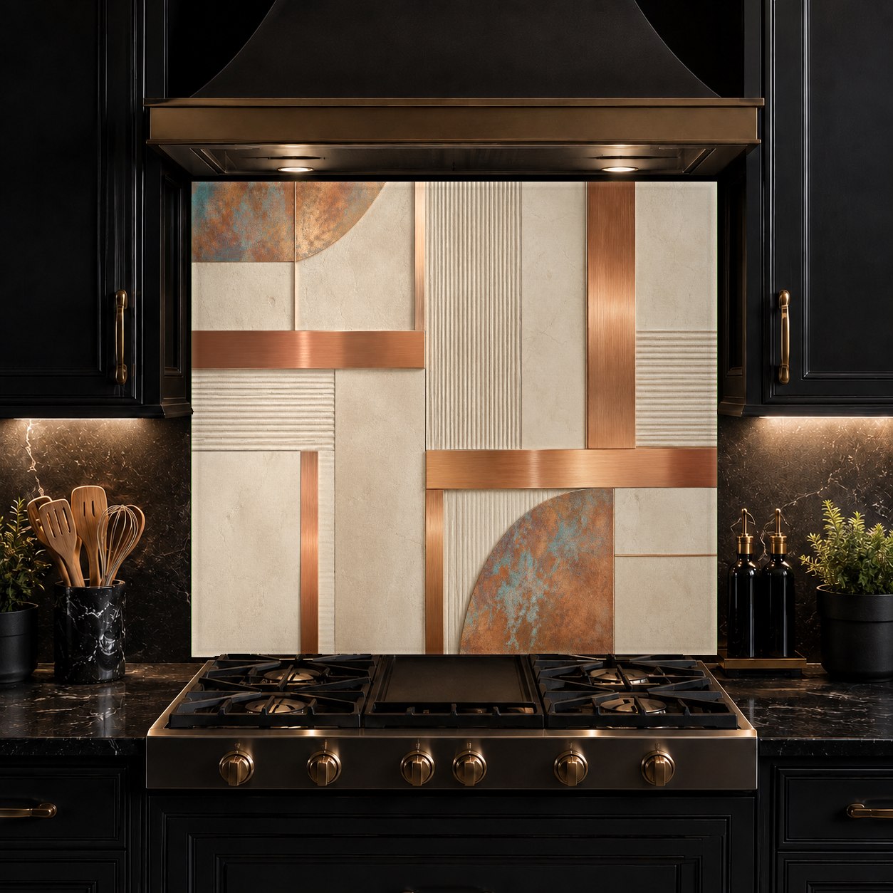 Modern kitchen featuring a seamless copper glass backsplash behind the stove for easy cleaning.