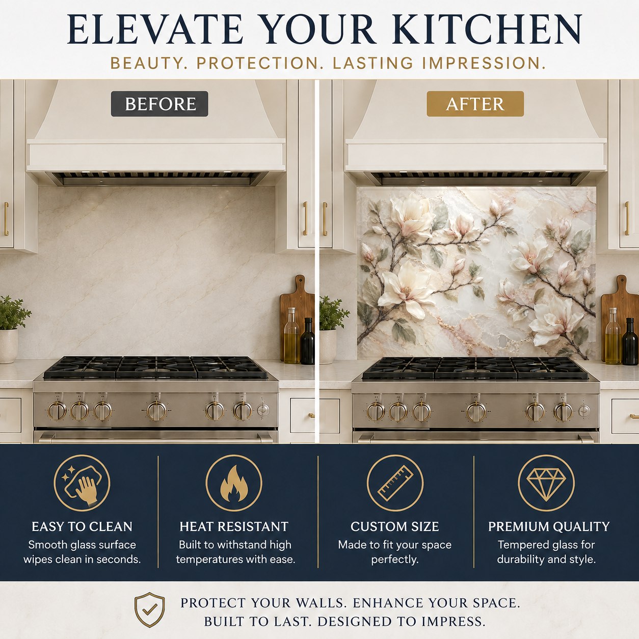 Magnolia marble design glass backsplash panel on a kitchen island wall