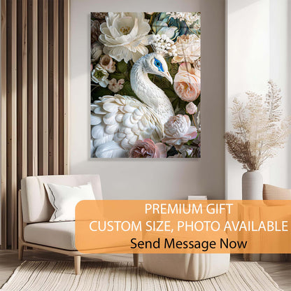 Decorative wall art of a peacock and flowers in a living room setting.