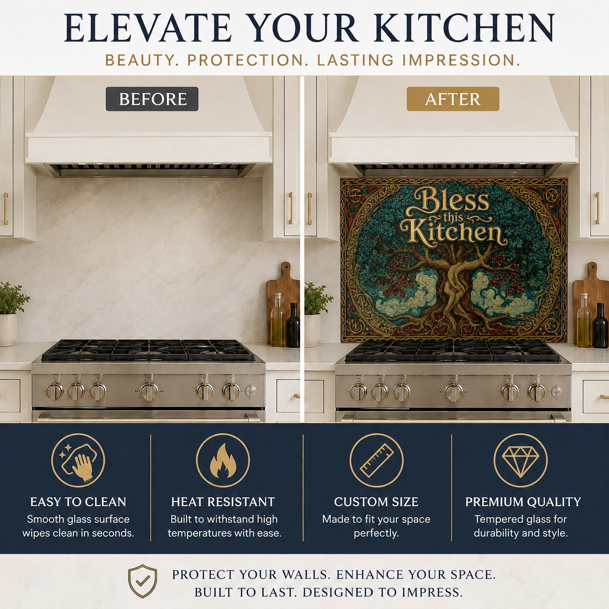 Close-up view of the Bless This Kitchen glass backsplash high gloss surface