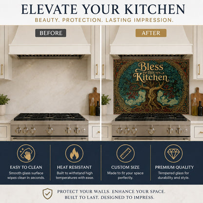 Close-up view of the Bless This Kitchen glass backsplash high gloss surface