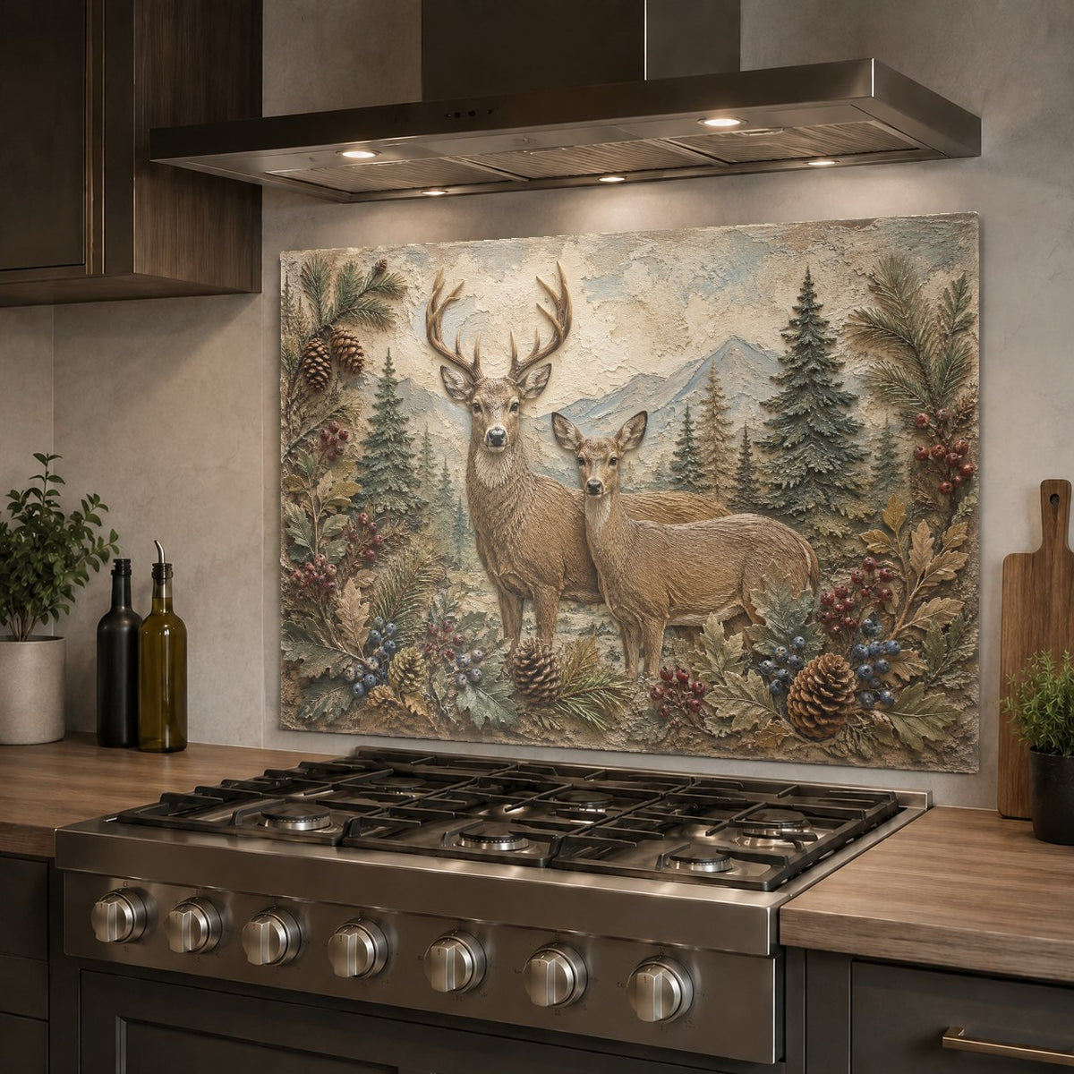 Durable tempered glass backsplash with a serene deer family design behind a farmhouse kitchen sink.
