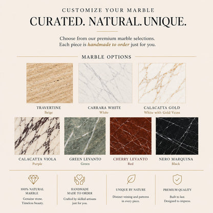 A promotional graphic for custom marble selection, showing eight marble option swatches labeled Travertine, Carrara White, Calacata Gold, Calacatta Viola, Green Levanto, Cherry Levanto, and Nero Marquina, with marketing text above and below on a light beige background.