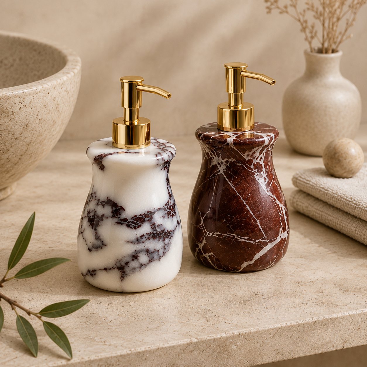 Two marble pump bottles with gold-tone dispensers, one white with dark gray veining and one reddish-brown with white veining, displayed on a beige stone surface with neutral decorative props.