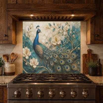 Peacock feather print glass backsplash panel adding a vibrant pop of teal and green to a modern kitchen.