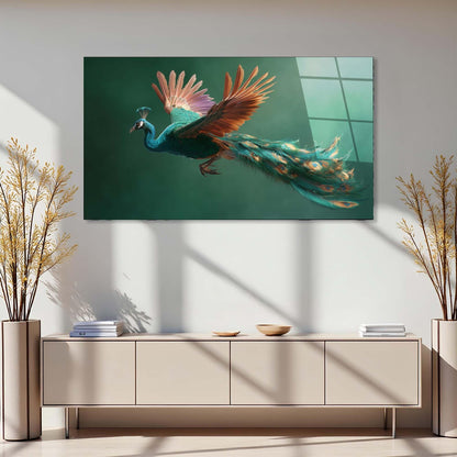 Peacock painting on a wall above a light-colored cabinet with decorative plants.