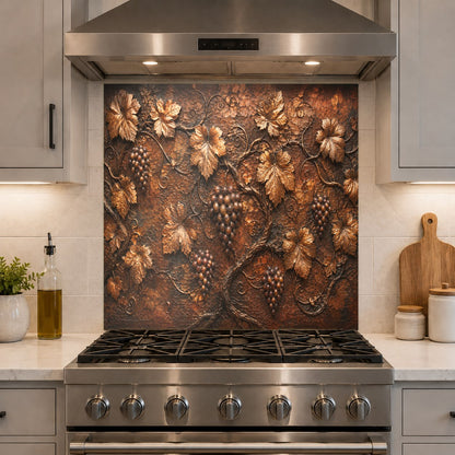Vibrant UV-printed Bronze Vineyard glass backsplash behind a kitchen range
