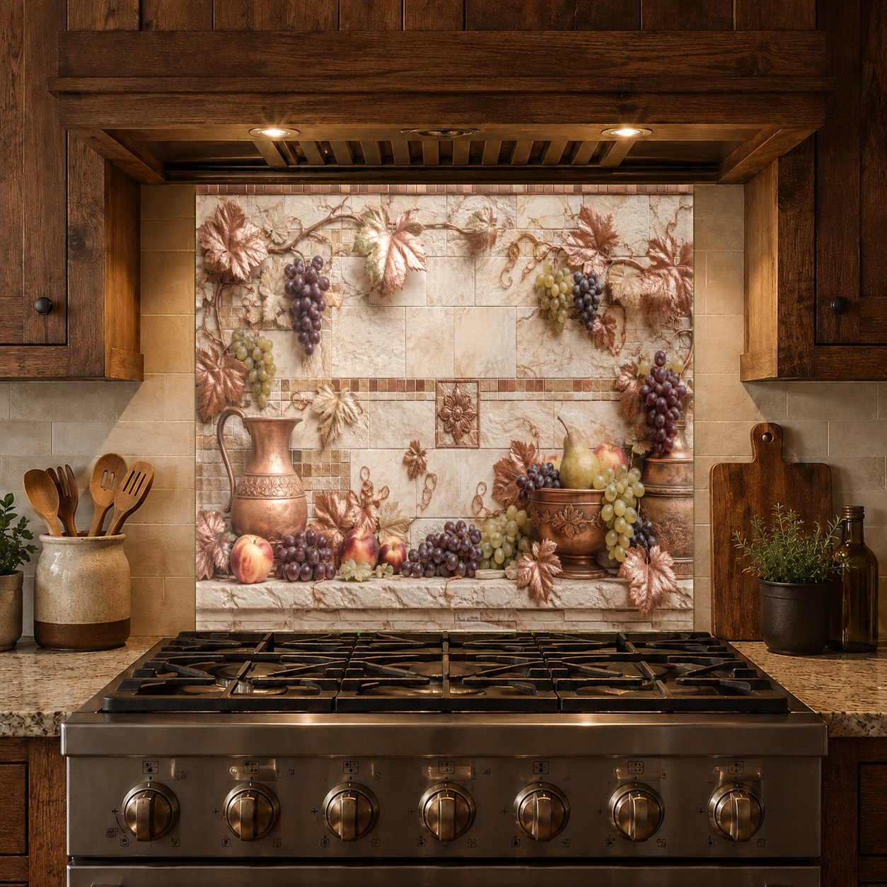 Stunning kitchen island cooktop wall featuring a custom-sized Tuscan Copper tempered glass backsplash.