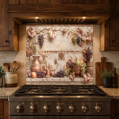 Stunning kitchen island cooktop wall featuring a custom-sized Tuscan Copper tempered glass backsplash.