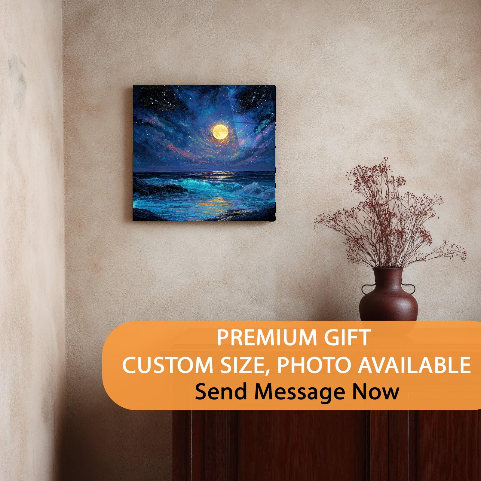 Canvas print of a moonlit ocean scene on a wall with a vase below.