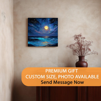 Canvas print of a moonlit ocean scene on a wall with a vase below.
