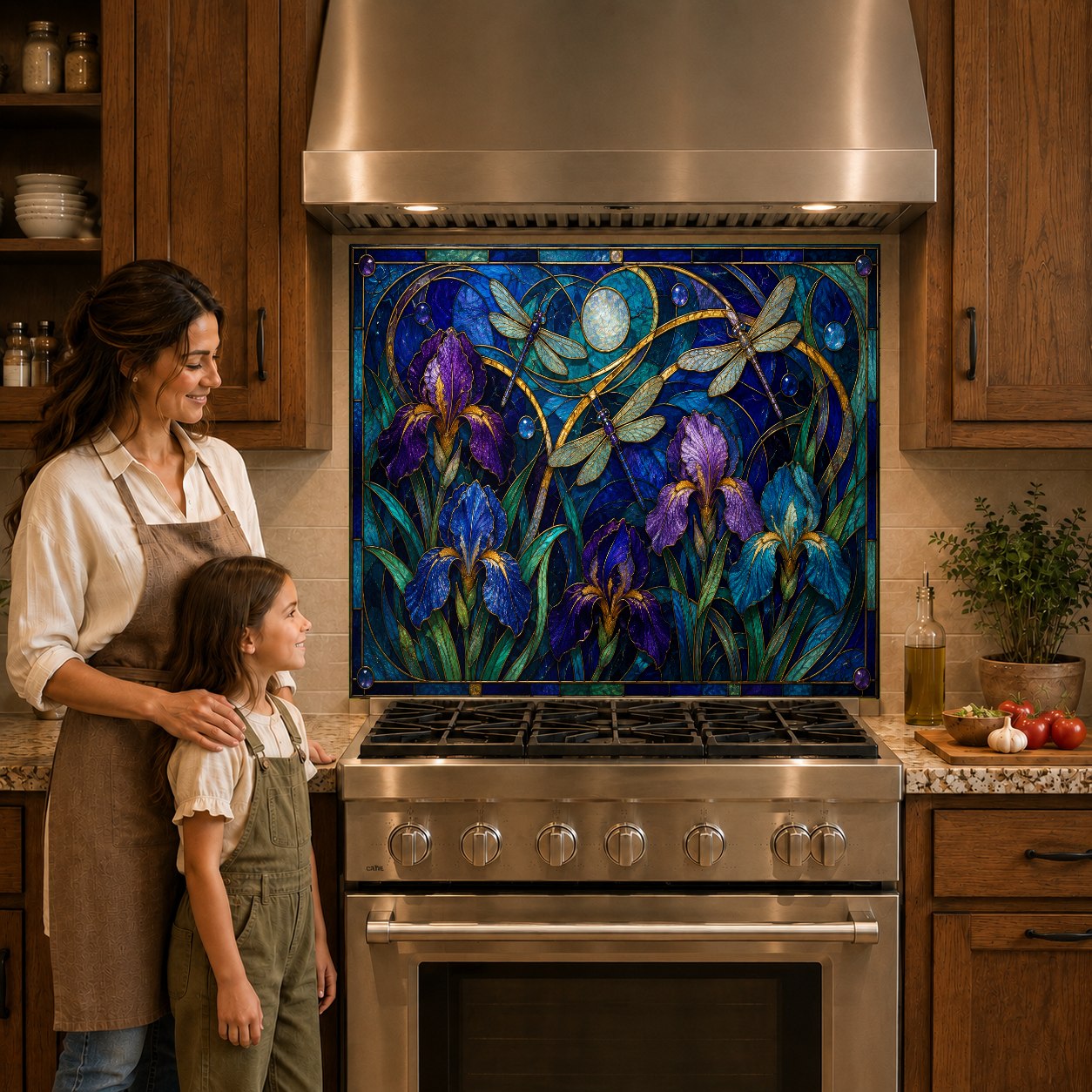Elegant floral tempered glass backsplash panel mounted behind a sleek induction cooktop.
