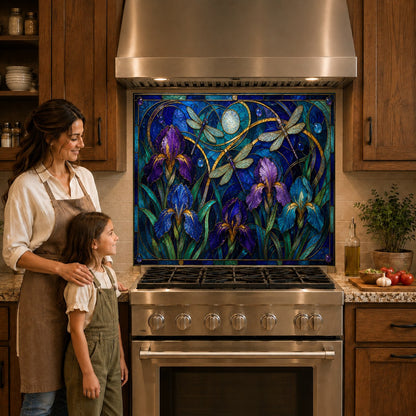 Elegant floral tempered glass backsplash panel mounted behind a sleek induction cooktop.