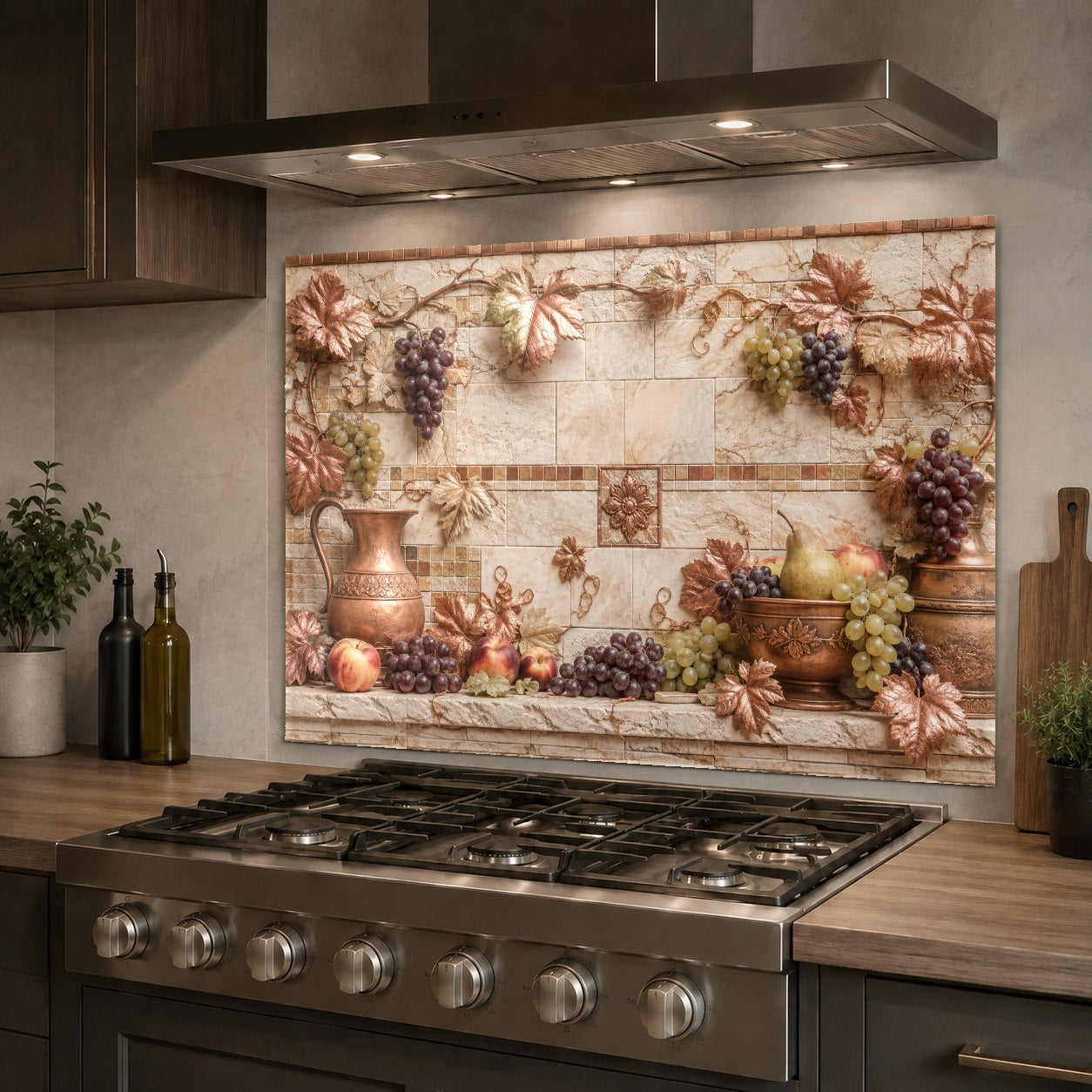 Elegant home bar area featuring a Tuscan Copper tempered glass backsplash panel for a luxurious metallic look.
