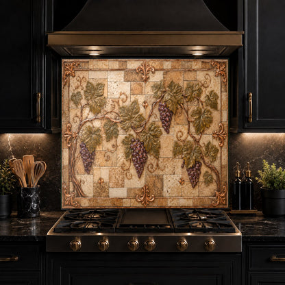 Durable tempered glass backsplash with copper grape design installed as a stove splash guard in a cozy kitchen.