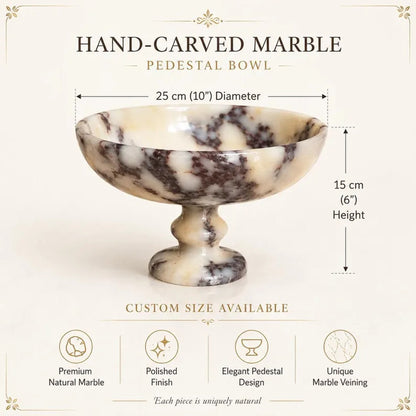 A decorative pedestal storage bowl made of cream and dark gray marbled stone, styled on a marble tabletop with jewelry and keys inside the bowl. Text overlay at the top reads 'Decorative Storage Bowl' with 'Jewelry • Keys • Candy' below.