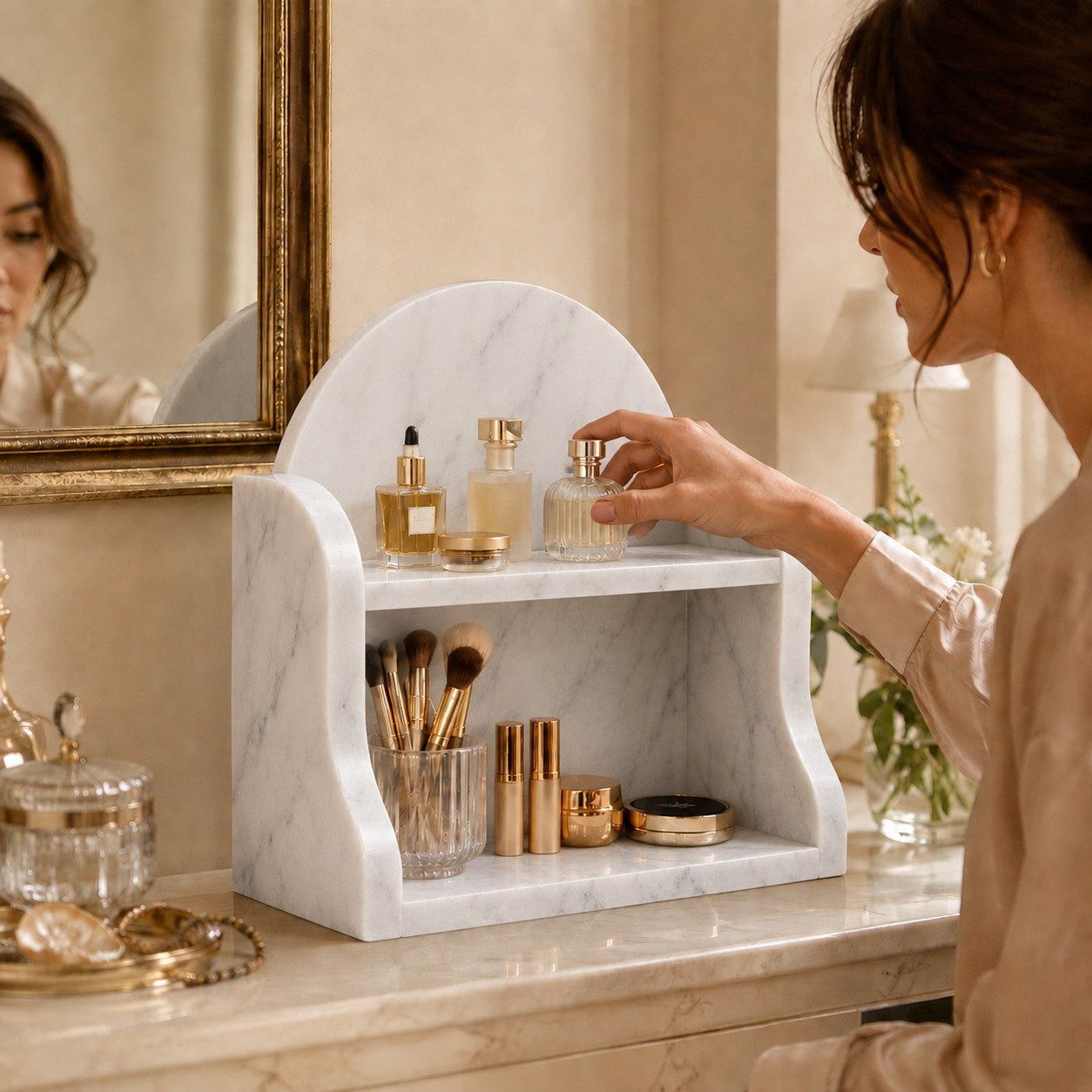 Carrara white marble organizer luxury bathroom vanity storage shelf