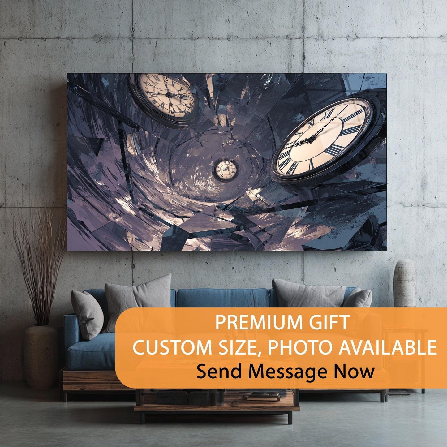 Abstract wall art with clocks in a modern living room setting, featuring a sofa and decorative elements.