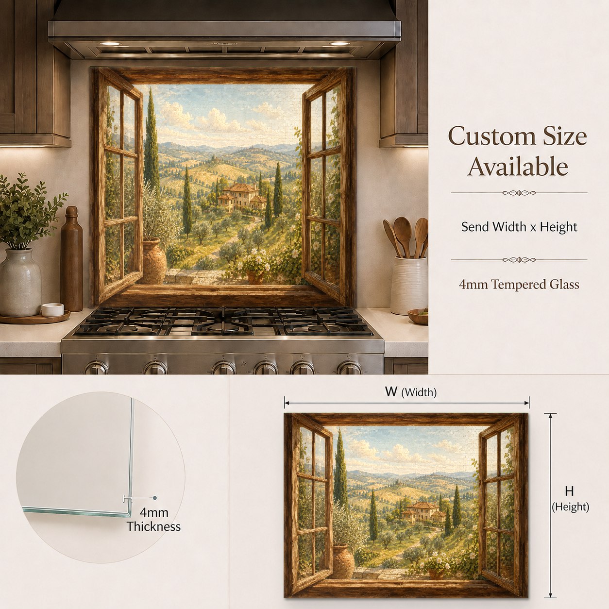 Close-up of the easy-to-clean garden view glass backsplash behind a sleek induction cooktop.