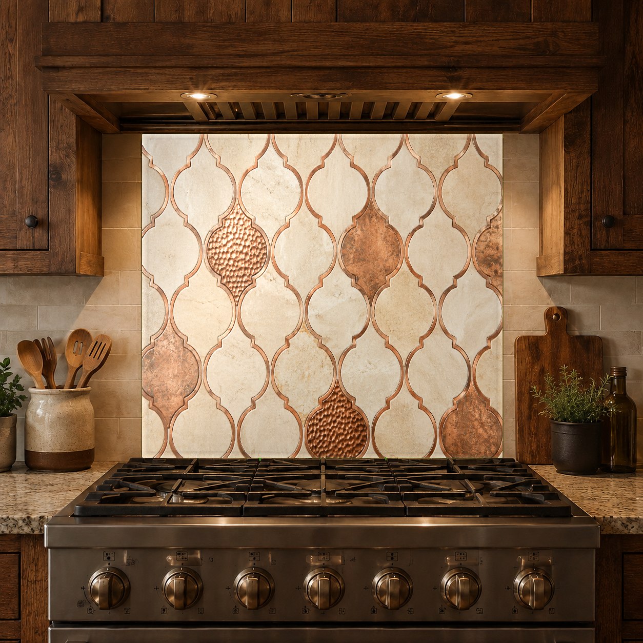 Luxury kitchen island setup featuring a copper geometric glass backsplash panel as a decorative accent wall.