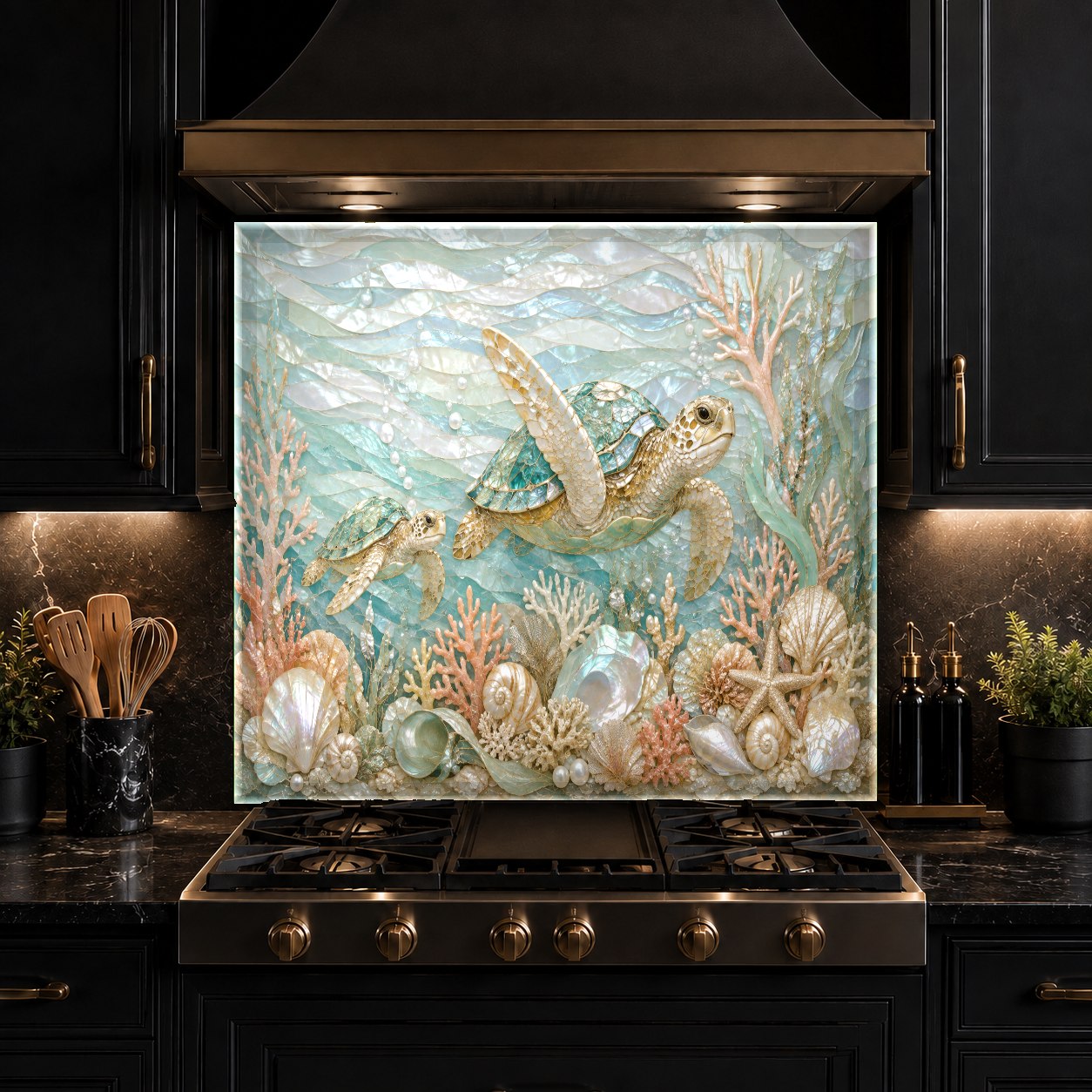Tempered glass kitchen wall panel featuring coastal turtle art