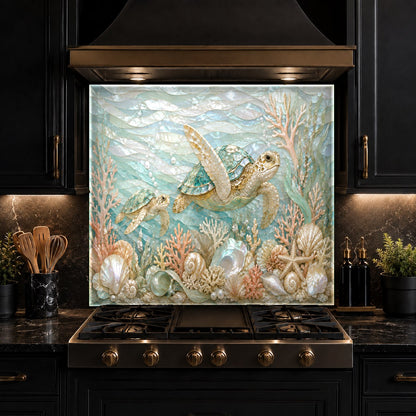 Tempered glass kitchen wall panel featuring coastal turtle art