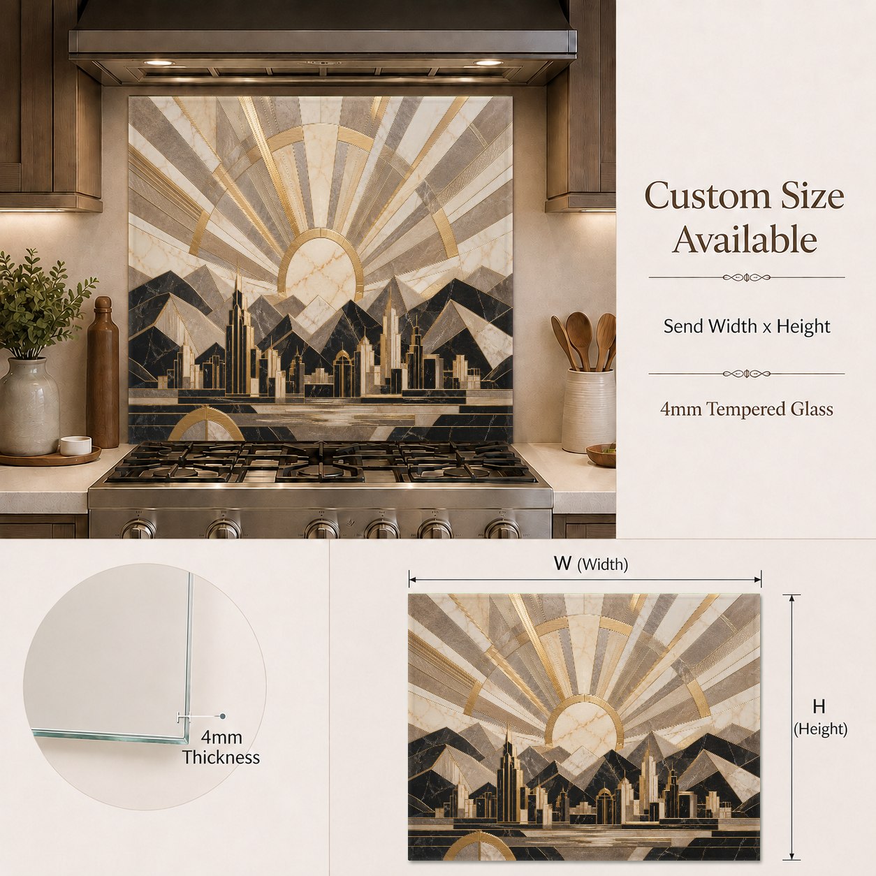Modern kitchen design showcasing a gold and black geometric glass backsplash panel as a vibrant focal point.