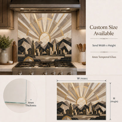 Modern kitchen design showcasing a gold and black geometric glass backsplash panel as a vibrant focal point.