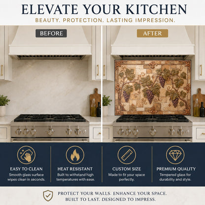 Elegant copper glass backsplash featuring grape clusters positioned on the wall behind a kitchen sink.