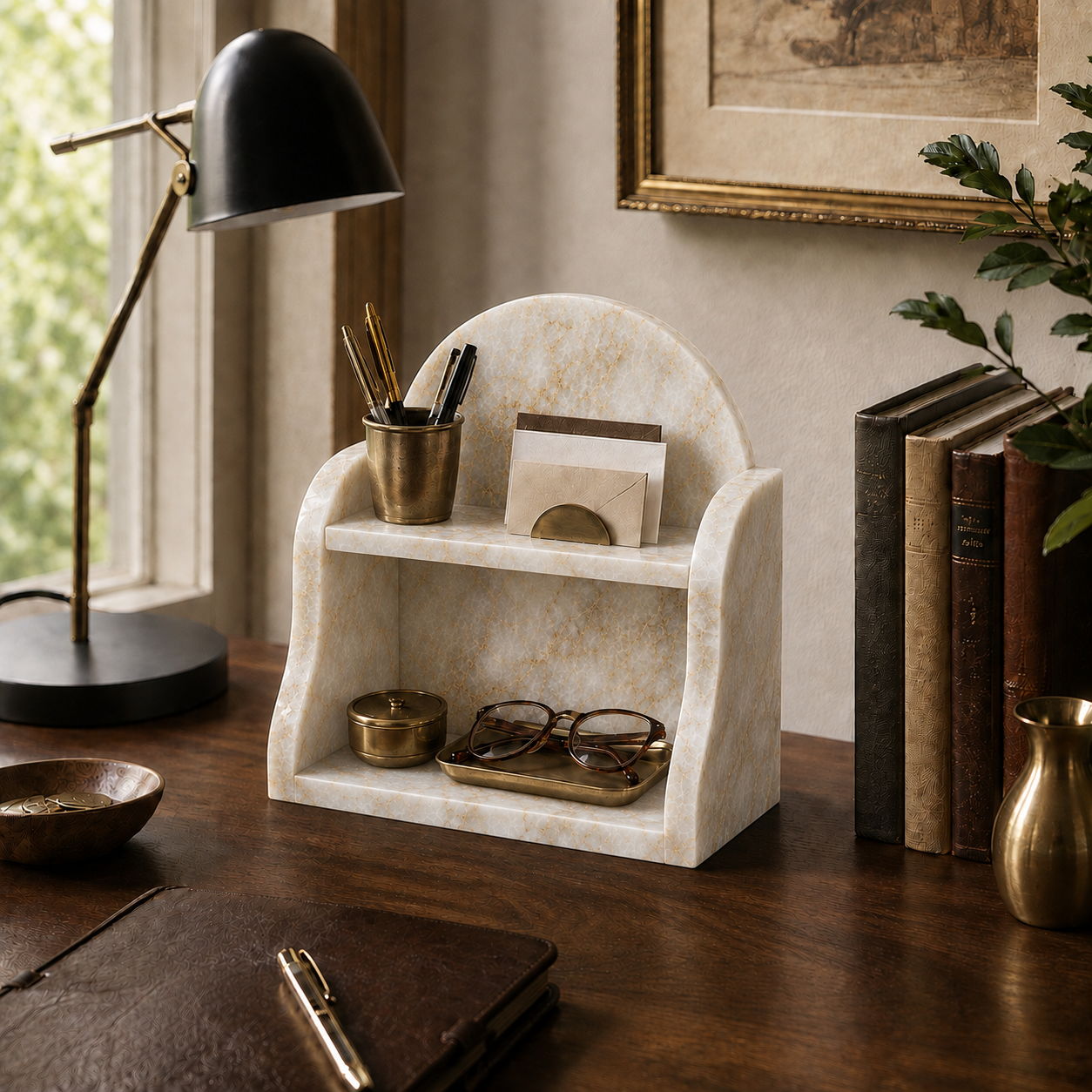 A cream-colored marble desk organizer with two shelves, styled on a dark wooden desk next to a black desk lamp, books, and a plant.