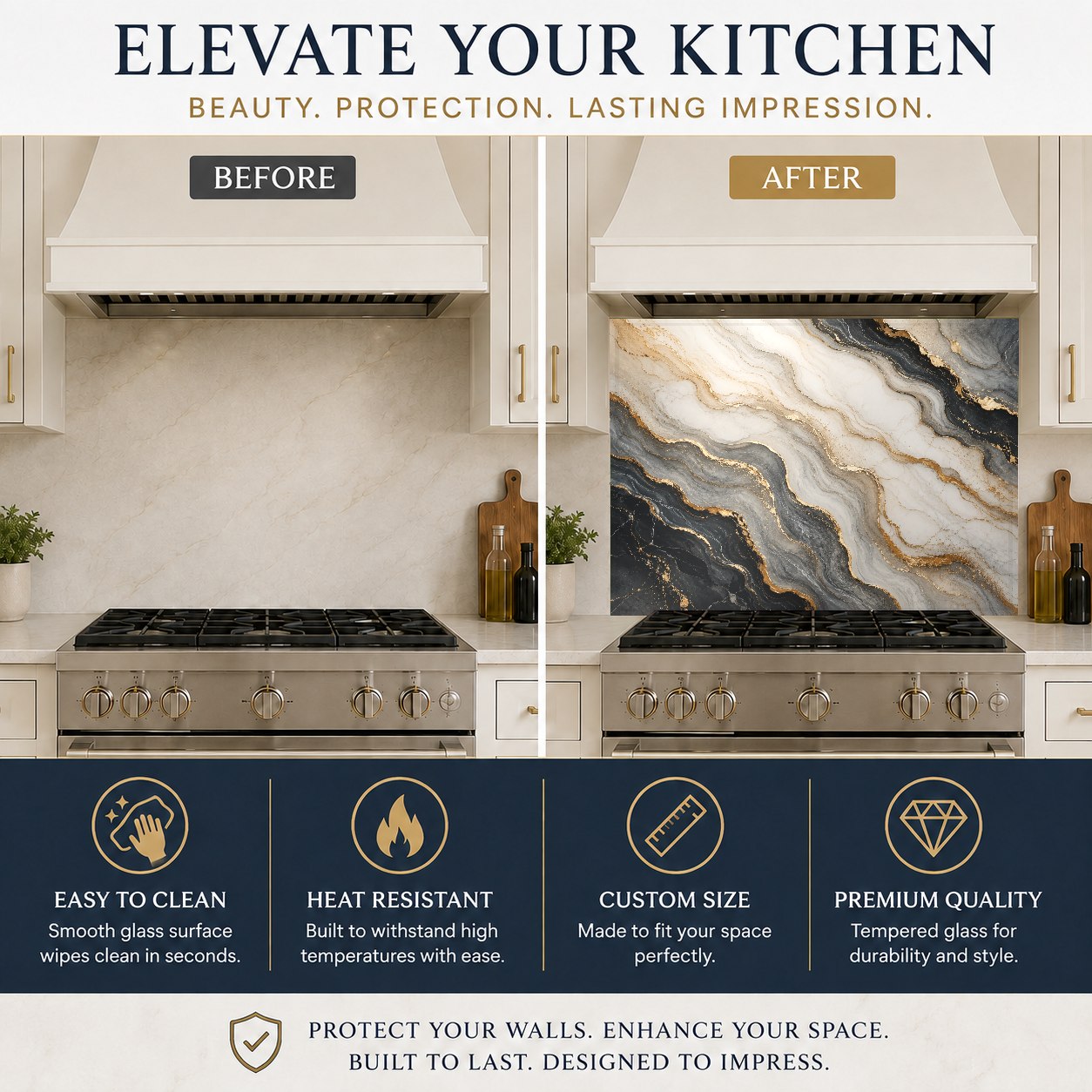 Close-up of the heat-resistant Marble Flow glass kitchen backsplash panel with a high-gloss finish.