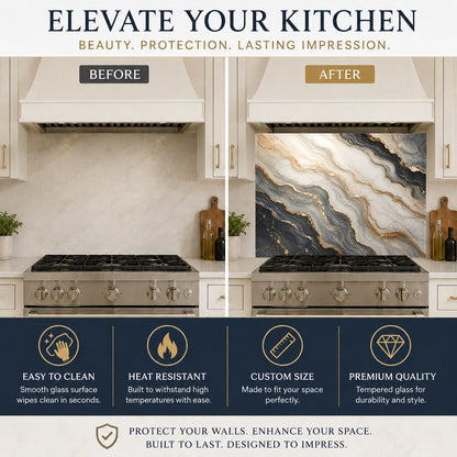 Close-up of the heat-resistant Marble Flow glass kitchen backsplash panel with a high-gloss finish.