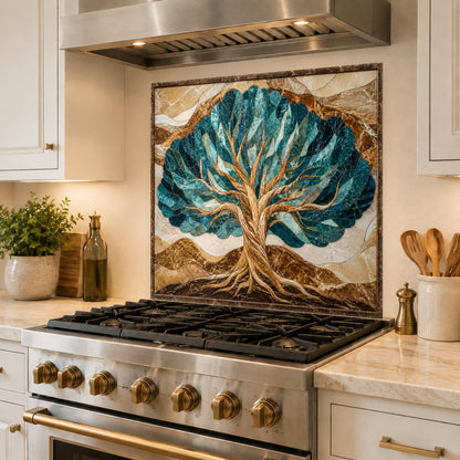 Tree of Life decorative glass backsplash mounted on a sleek kitchen sink wall