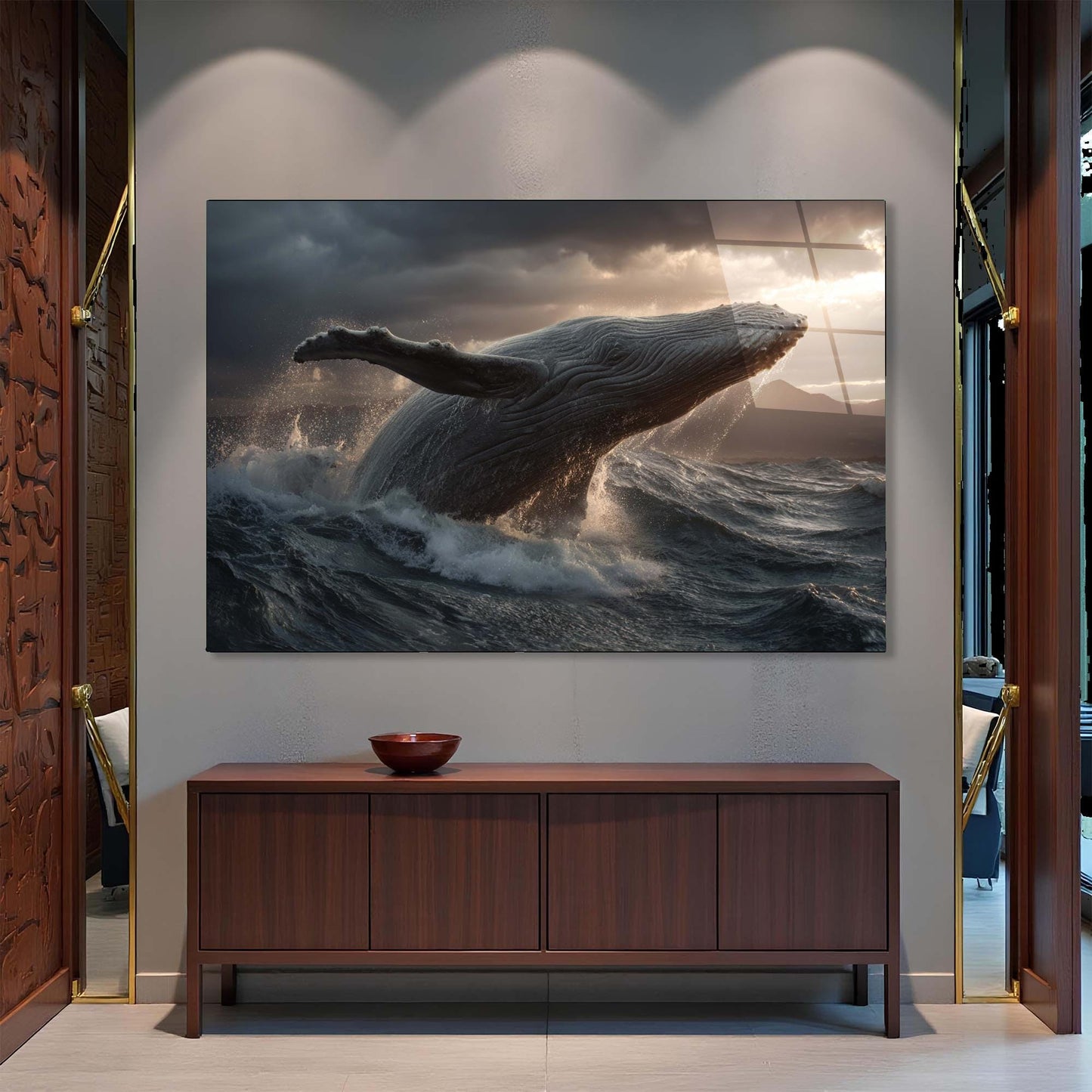 Large wall art of a whale breaching over waves in a modern interior setting.