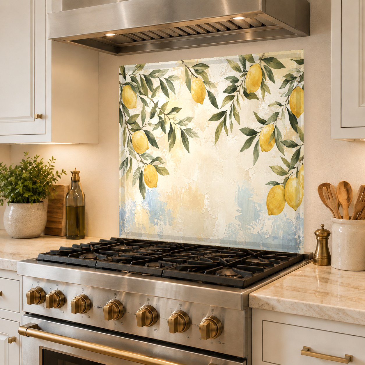 Mediterranean lemon tree backsplash panel mounted on a white tile kitchen wall