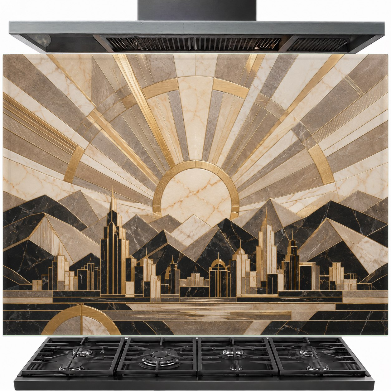 Deco Horizon tempered glass backsplash installed behind a modern gas cooktop with elegant gold geometric patterns.