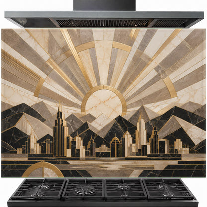 Deco Horizon tempered glass backsplash installed behind a modern gas cooktop with elegant gold geometric patterns.
