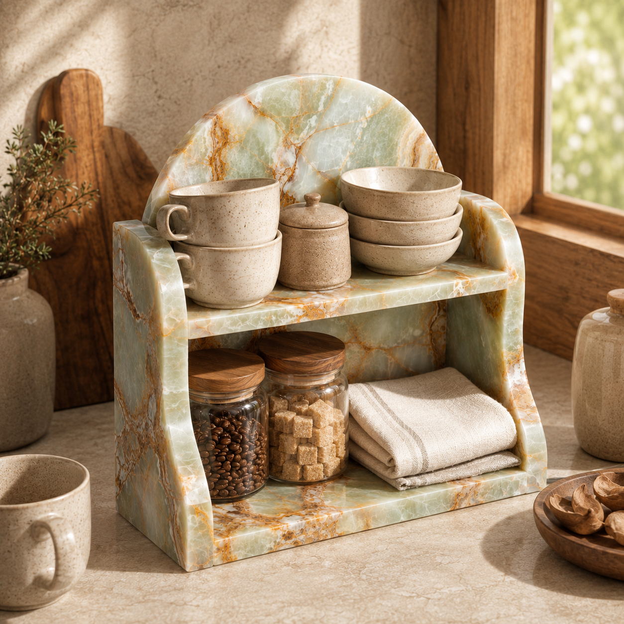 A two-tier marble-style kitchen organizer with a curved backrest, styled with ceramic mugs, bowls, jars, and a folded cloth on a kitchen counter.
