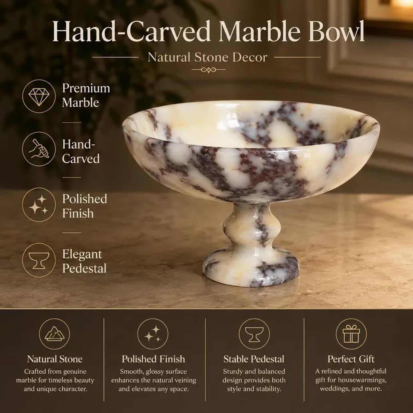 A hand-carved marble pedestal bowl with a cream and dark brown natural stone pattern, shown on a tabletop with promotional text highlighting premium marble, hand-carving, polished finish, and elegant pedestal design.