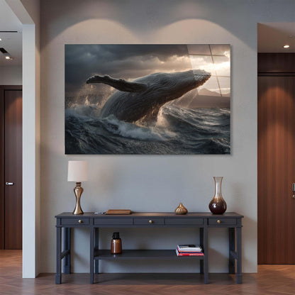 Framed artwork of a whale leaping over waves in a modern interior setting.
