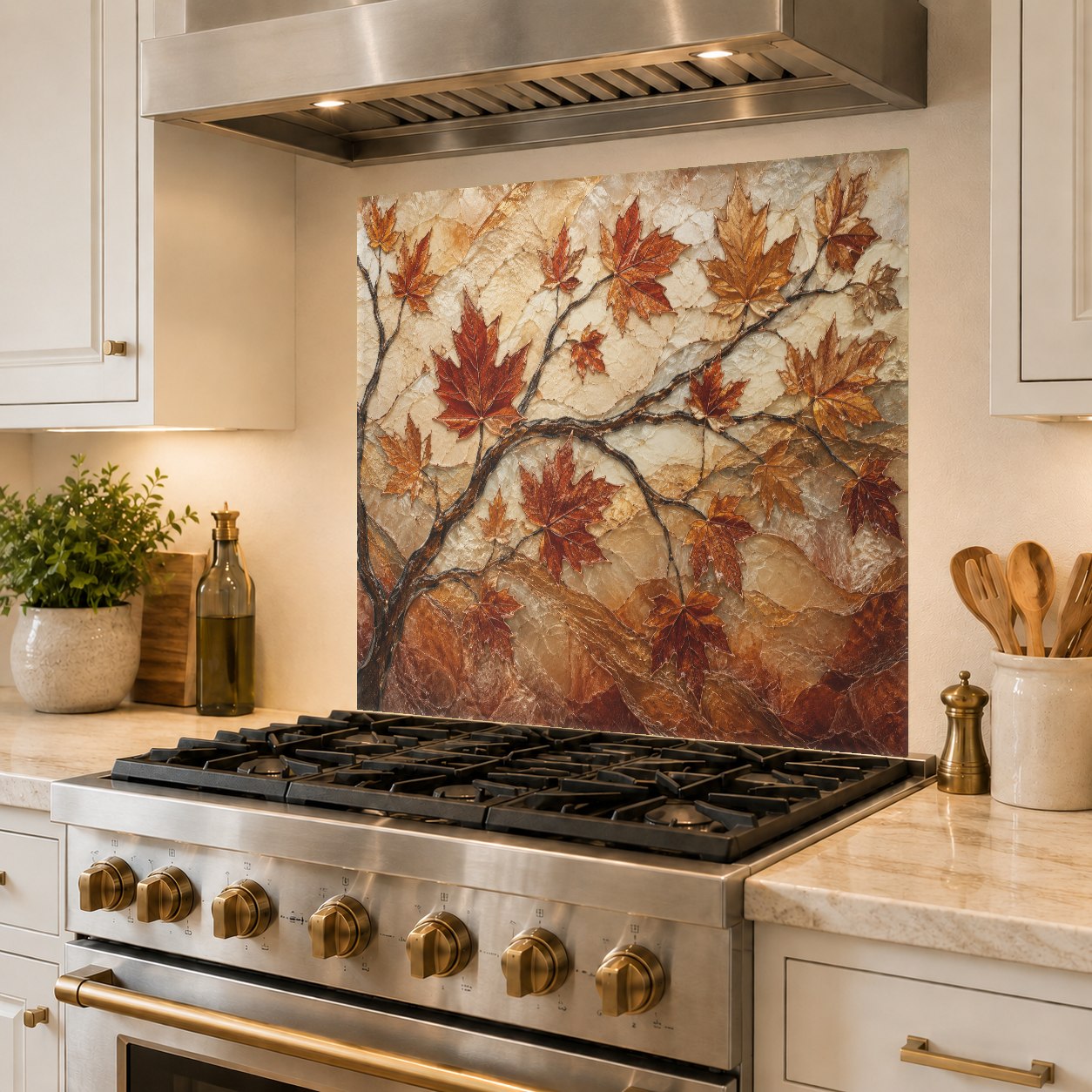 Bright kitchen interior featuring a warm autumn leaves glass backsplash panel behind a modern induction stove.