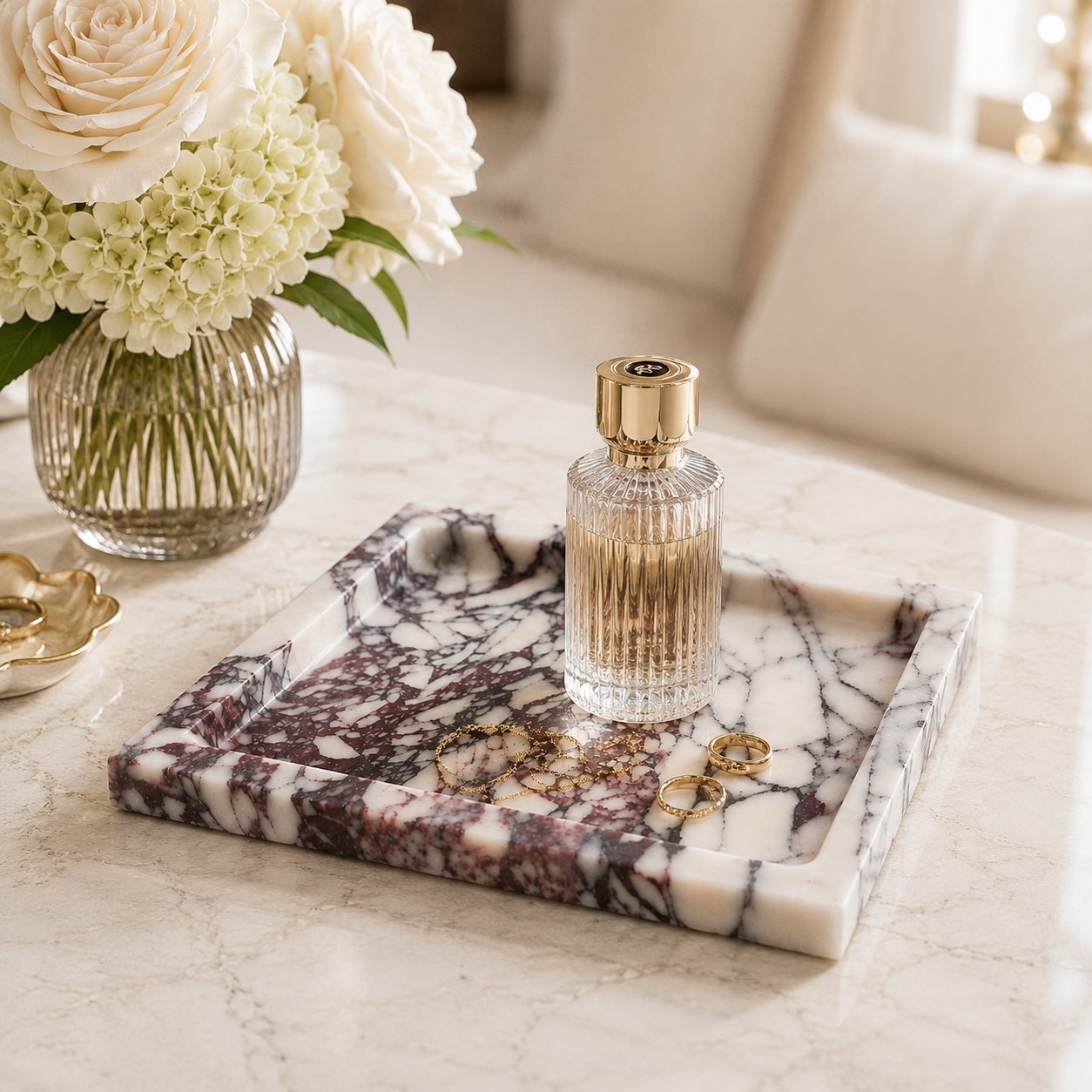 A rectangular marble tray with a white, gray, and burgundy veined pattern sits on a light marble table. A ribbed clear glass perfume bottle with a gold cap rests on the tray, alongside a few gold rings.