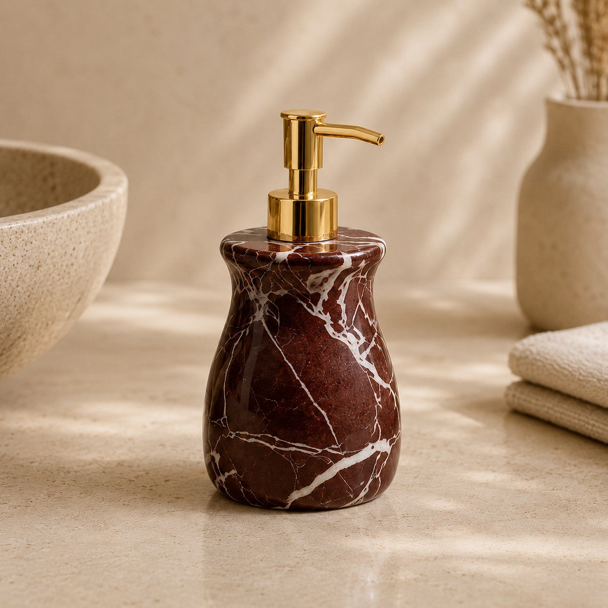 A dark brown marble soap dispenser with white veining and a polished gold pump, styled on a beige countertop with a ceramic bowl and folded towels in the background.