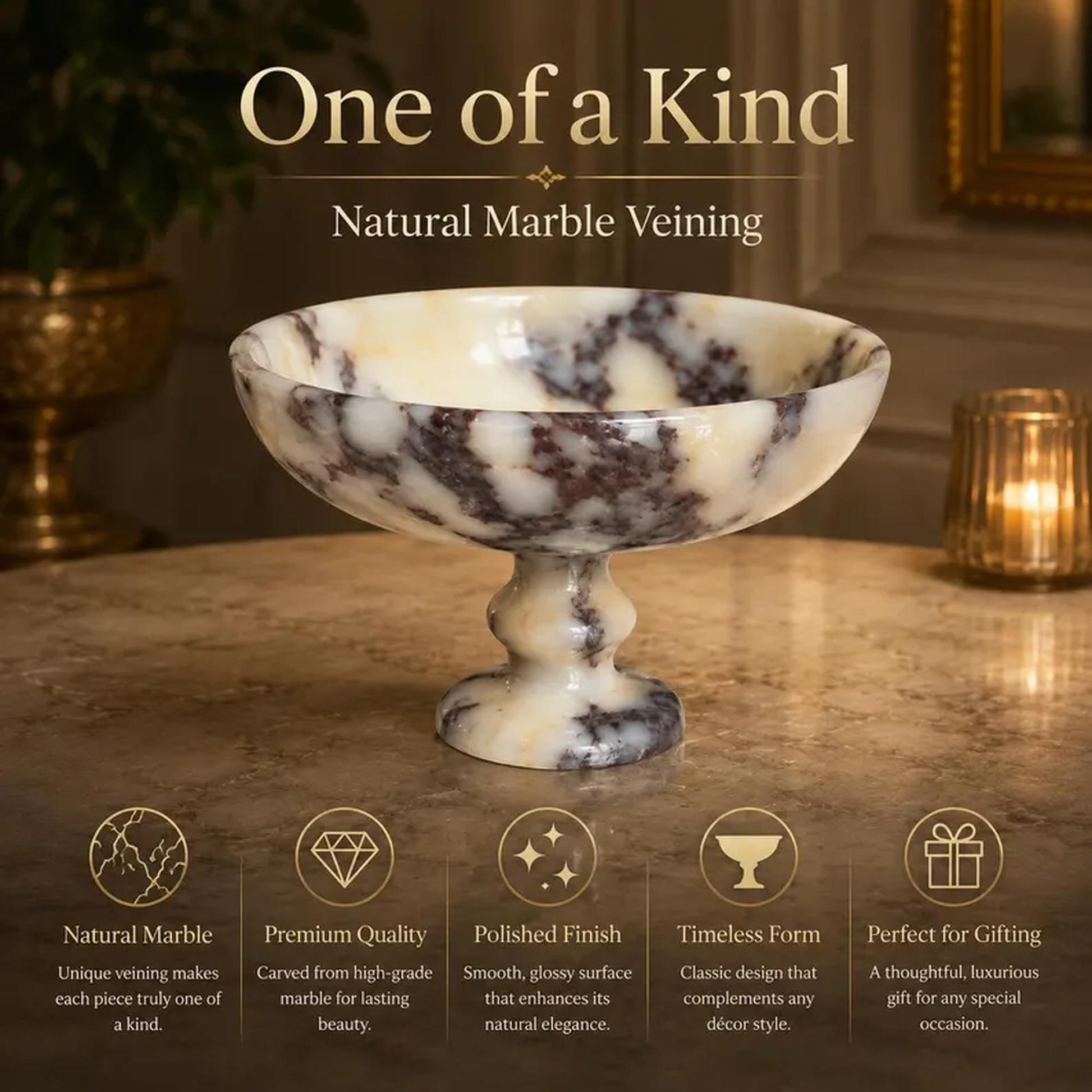 A pedestal bowl made of natural marble with cream, beige, and dark brown veining, displayed on a marble tabletop with decorative background elements and promotional text.