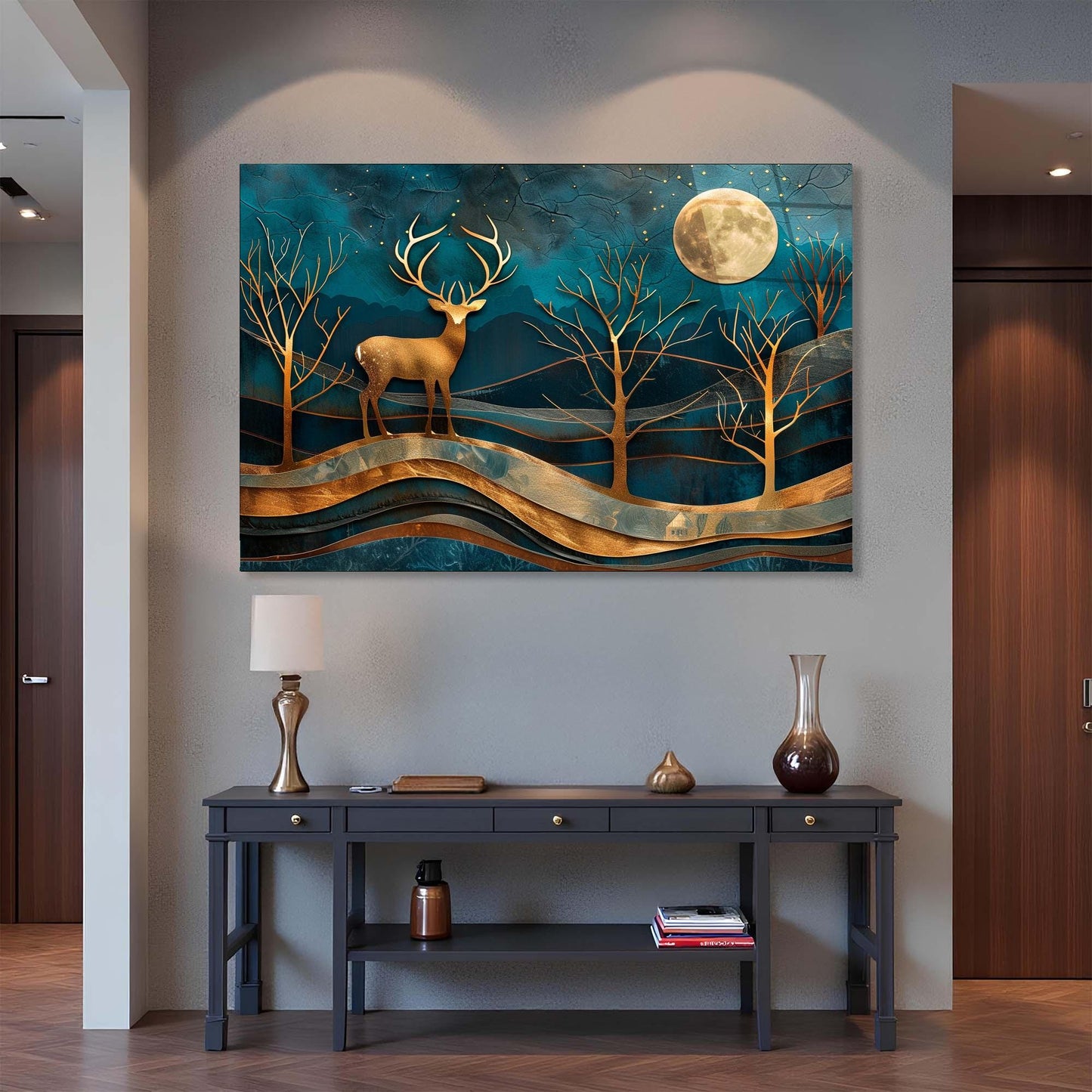 Decorative wall art of a deer in a forest scene with a full moon above, displayed in a hallway.