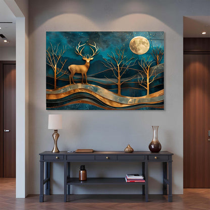 Decorative wall art of a deer in a forest scene with a full moon above, displayed in a hallway.