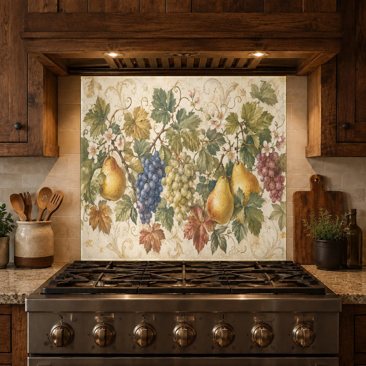 Elegant Mediterranean kitchen design featuring a custom-sized citrus fruit tempered glass backsplash.