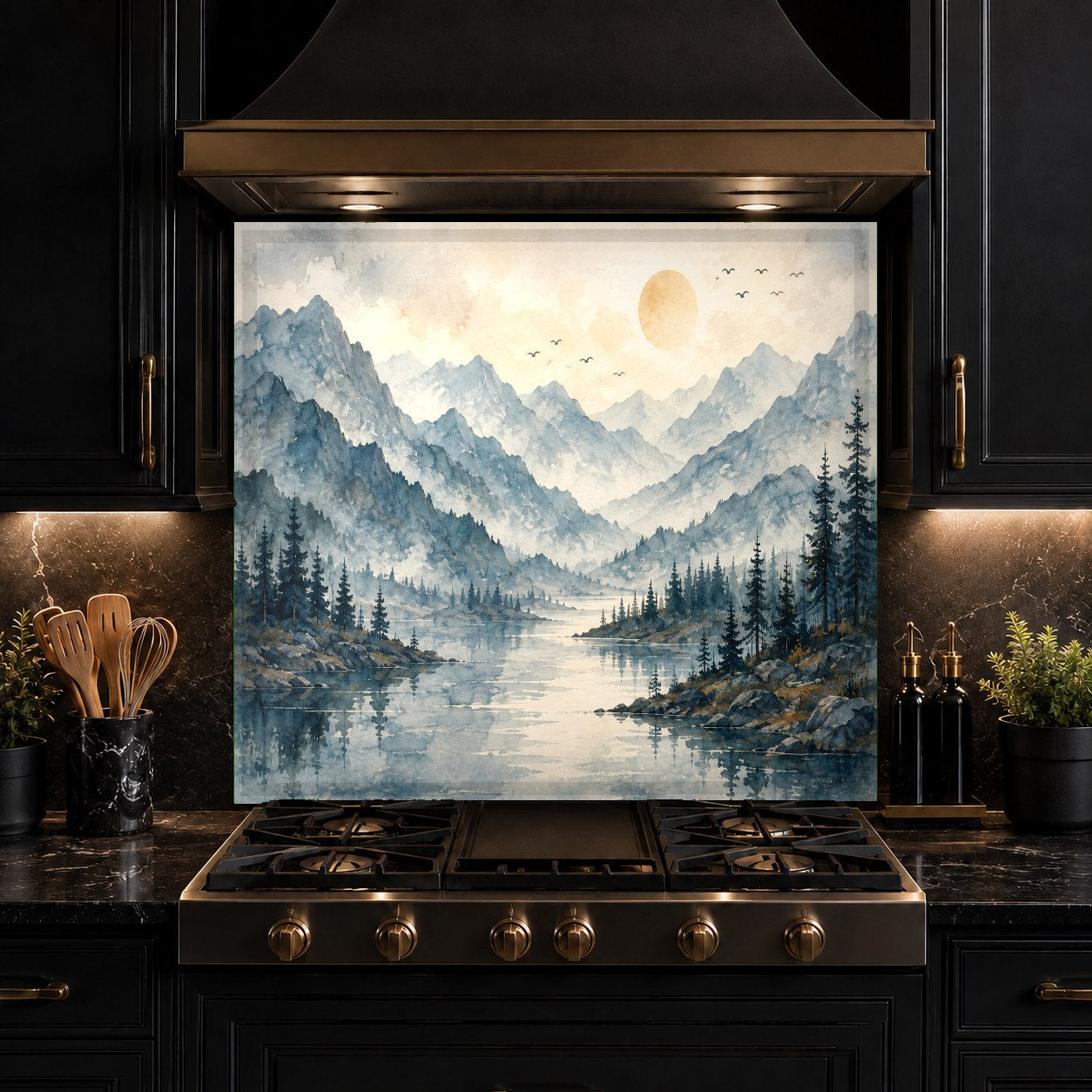 Tranquil lakehouse kitchen decor with a custom-sized glass backsplash installed behind a professional range.