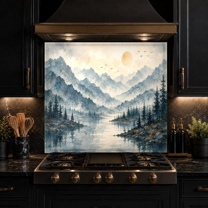 Tranquil lakehouse kitchen decor with a custom-sized glass backsplash installed behind a professional range.