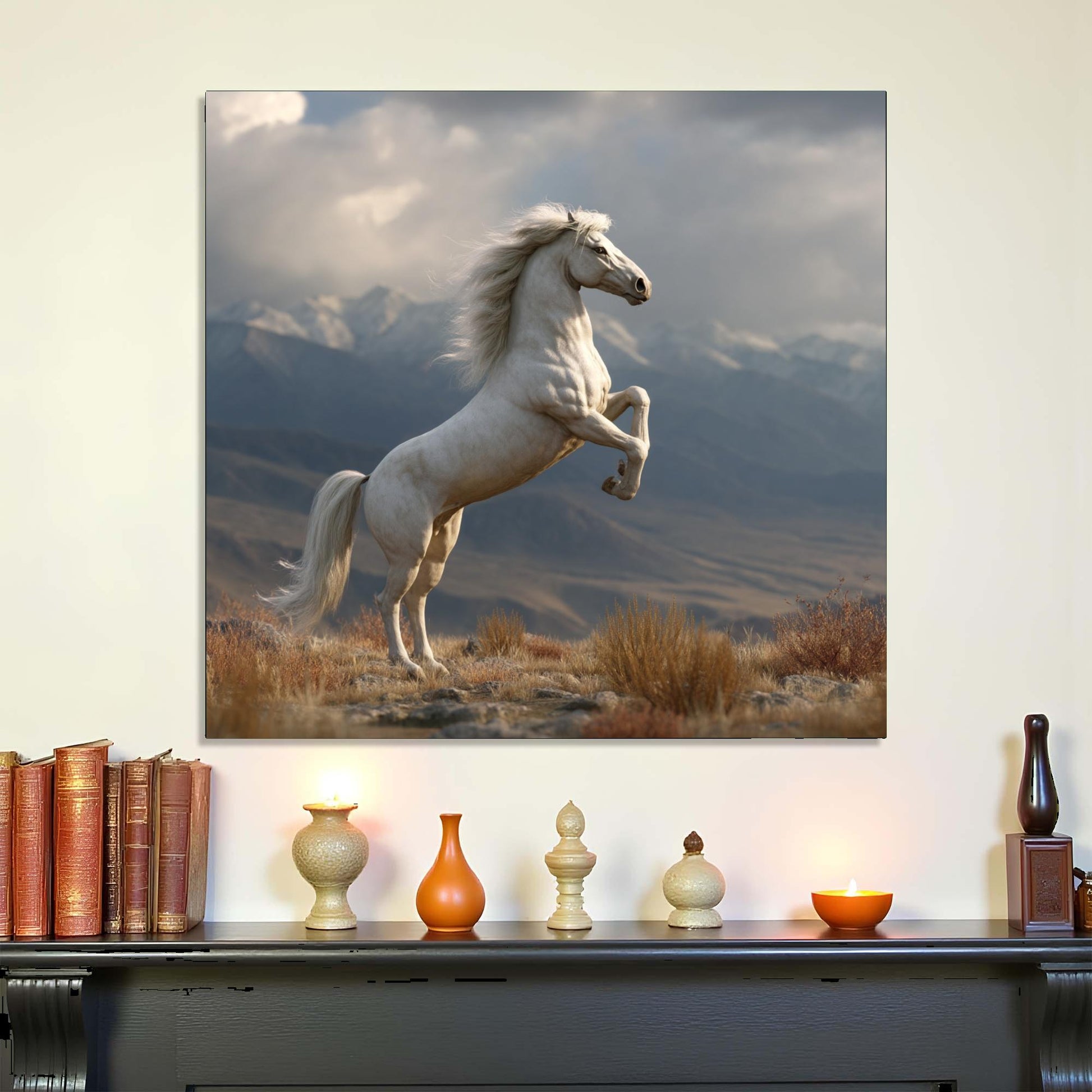 Stylized painting of a rearing horse in a mountainous landscape above a shelf with decorative items.